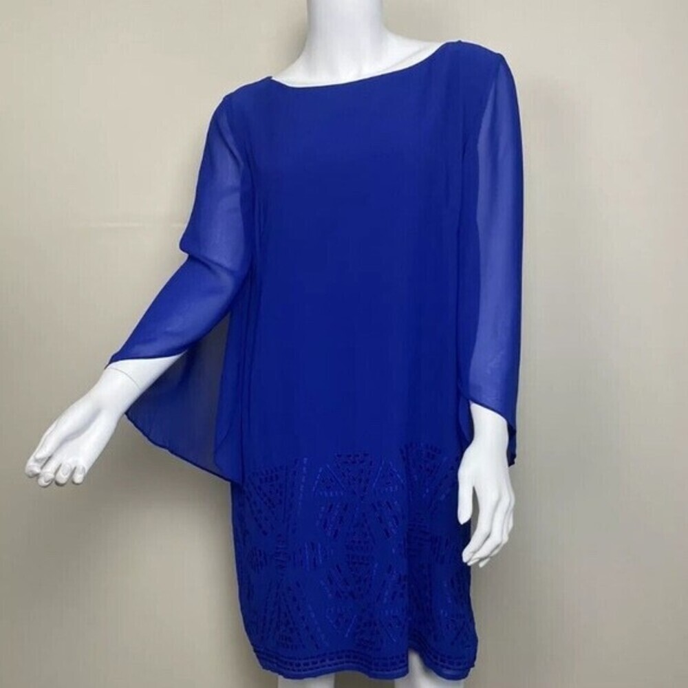 Tahari Arthur Women's Chiffon Shift Dress laser cut in Blue Size 12 $189 NWT